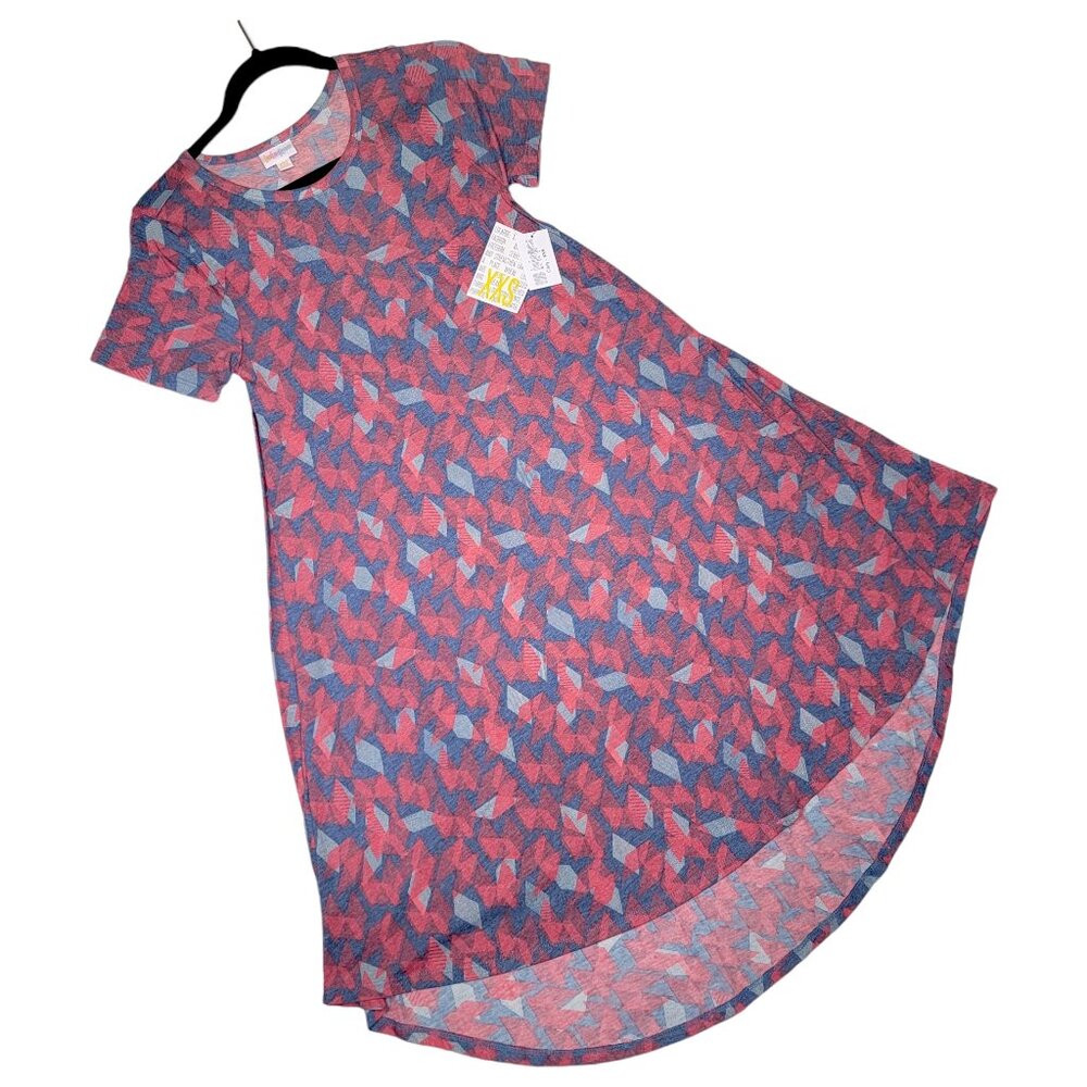 LuLaRoe Carly Dress XXS Geometric Shapes Pink Blue Summer High Low A-Line Swing